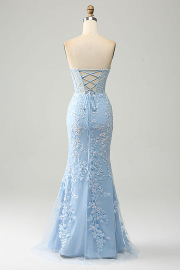 Azzurro sirena Sweetheart Corsetto Appliques Abito da Cerimonia con fessura laterale
